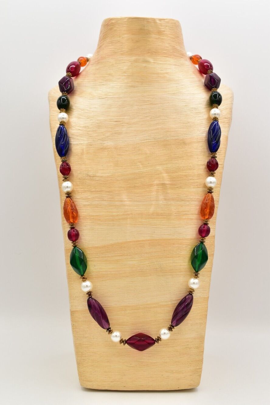 Vintage Beaded Necklace Jelly Belly Thick Lucite Gold Pearl Chunky 1980s Bin3B